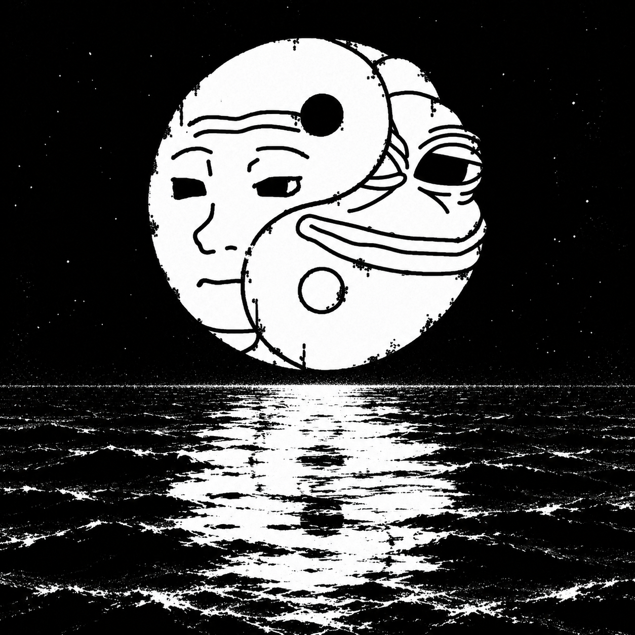 Meme Yin Yang emblem above a black ocean
