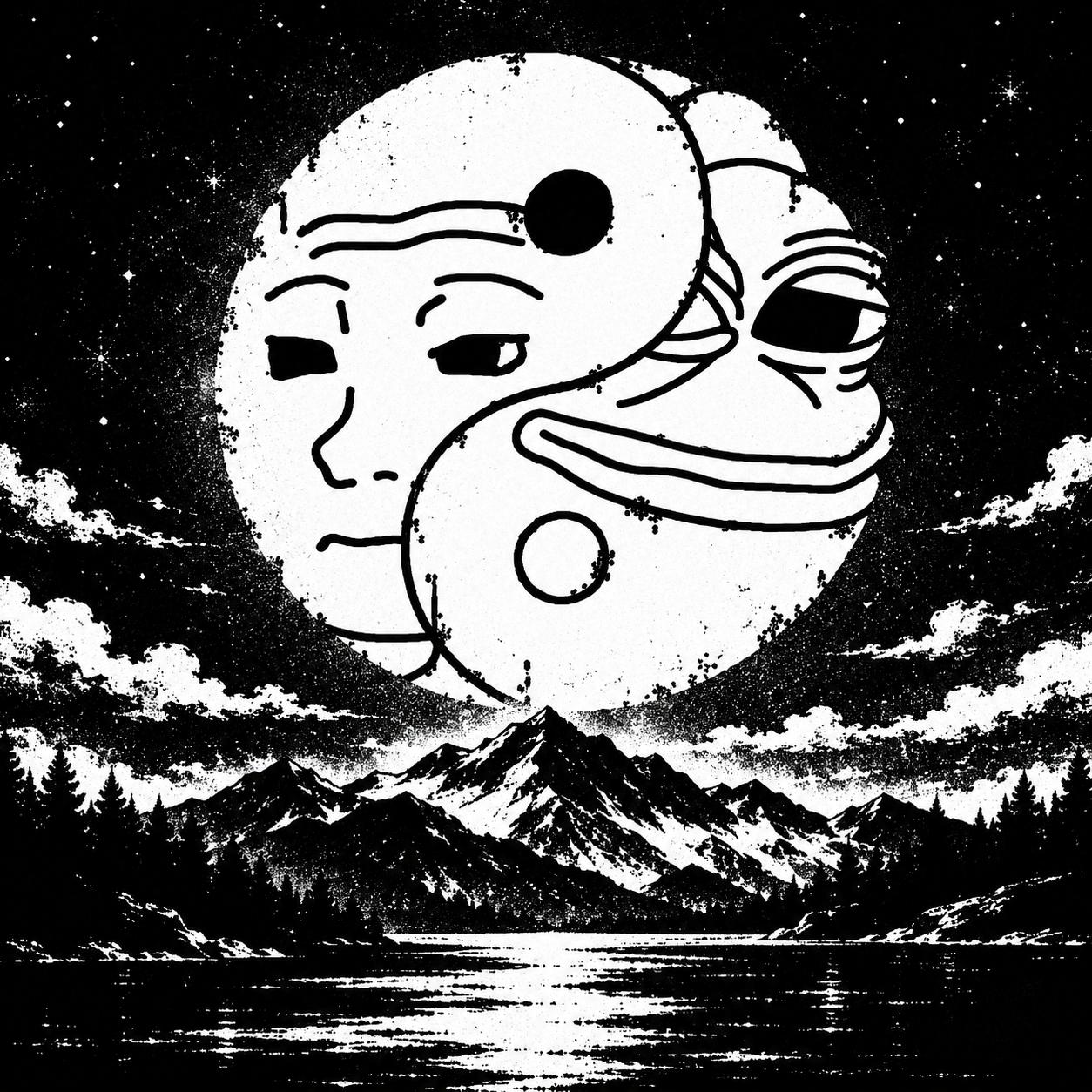 Giant Meme Yin Yang moon above mountains