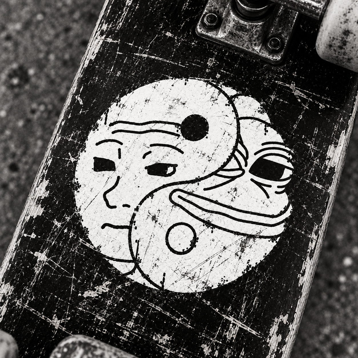 Meme Yin Yang sticker on a scratched skateboard